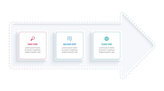 Vector flecha de cuadro de 3 pasos de infografía moderna con diseño colorido