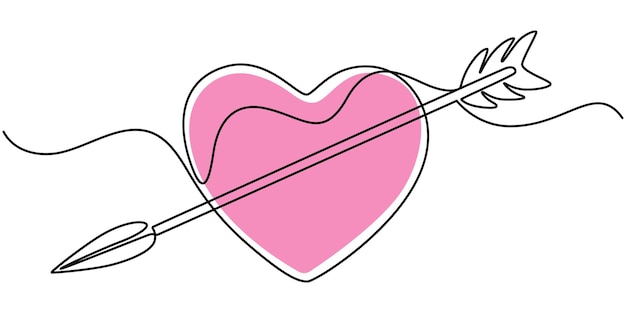 La flecha de Cupido en el dibujo continuo de líneas en forma de corazón con color neón pastel pro