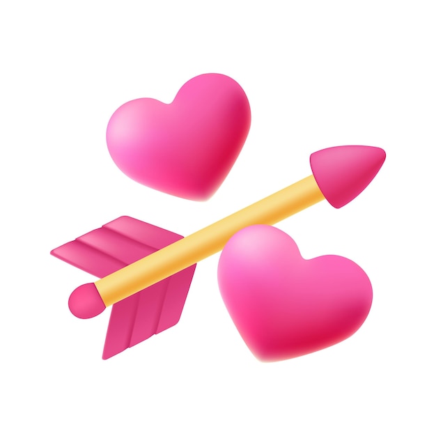 La flecha de Cupido con dos corazones icono 3D aislado
