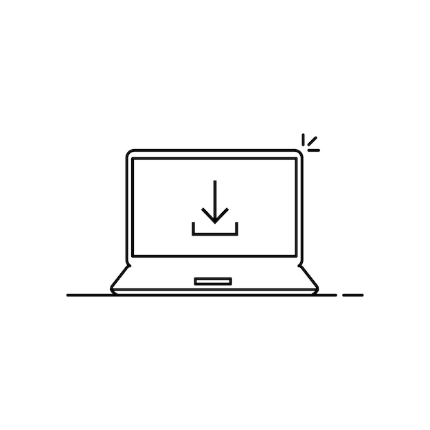 Flecha de descarga negra en línea delgada portátil lineal estilo plano tendencia moderno logotipo simple elemento de diseño gráfico aislado sobre fondo blanco concepto de actualización o carga de software y carga de torrent