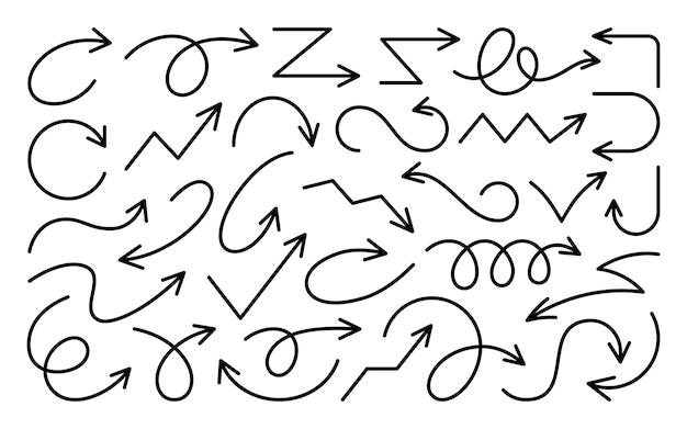 Flecha dibujada a mano diferente forma dirección conjunto de línea negra Boceto de selección e indicador de ruta Curva de navegación flexible doodle infográfico Diseño de negocio web conceptual aislado fondo blanco