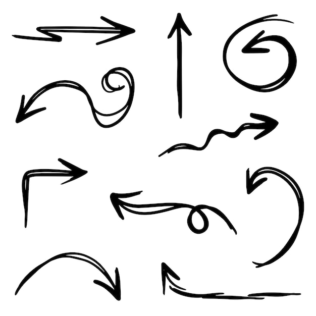 Flecha dibujada a mano en estilo de línea de garabato abstracto en ilustración vectorial