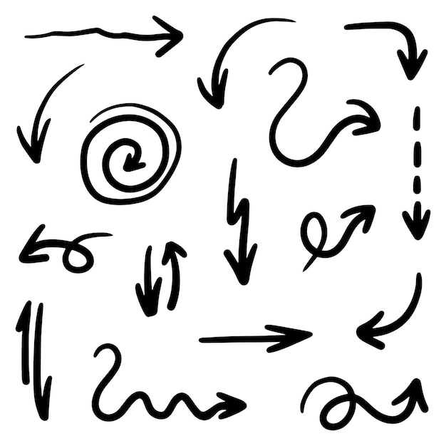 Flecha dibujada a mano en estilo de línea de garabato abstracto en ilustración vectorial