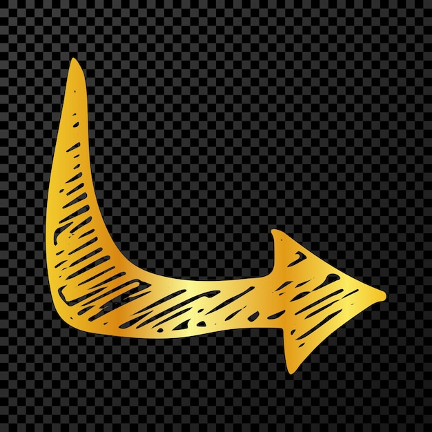 Flecha dibujada a mano de oro Esbozo de flecha de garabato de oro aislada sobre fondo transparente oscuro Ilustración vectorial