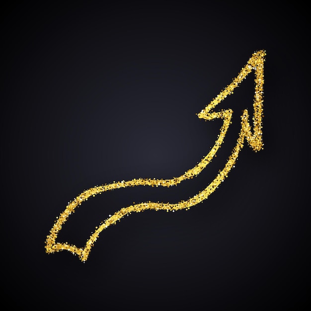 Flecha dibujada a mano con purpurina dorada. Flecha de fideos con efecto brillo dorado sobre fondo oscuro. ilustración vectorial