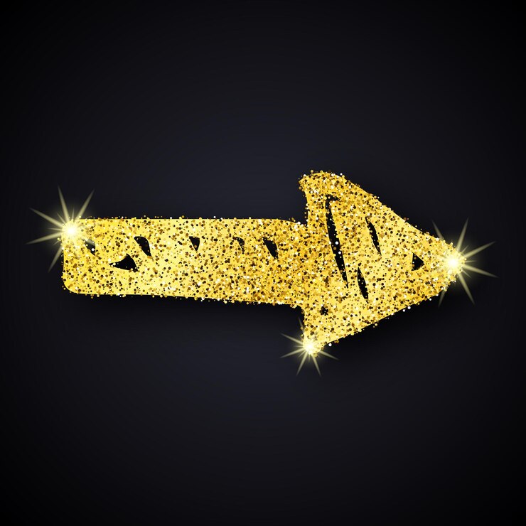 Vector flecha dibujada a mano con purpurina dorada. flecha de fideos con efecto brillo dorado sobre fondo oscuro. ilustración vectorial