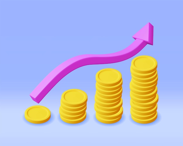 Vector flecha de gráfico de acciones de crecimiento 3d con monedas de oro