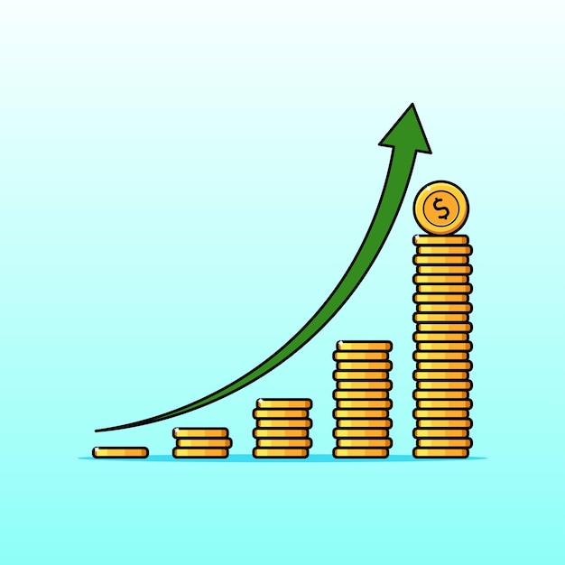 Flecha de gráfico de crecimiento financiero con ilustración de monedas de oro