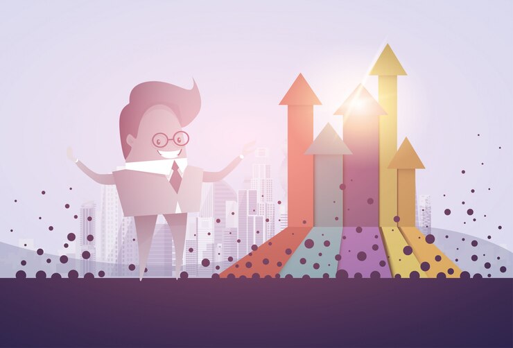Vector flecha del gráfico de las finanzas del hombre de negocios encima del concepto financiero del éxito
