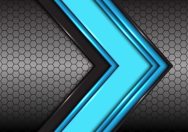 Flecha de línea negra azul abstracta en fondo futurista de la malla del hexágono.