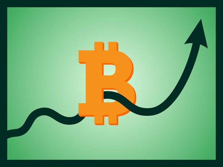 Vector flecha de línea de tendencia alcista rompiendo el signo de bitcoin en el diseño de icono plano de vector de fondo de color verde