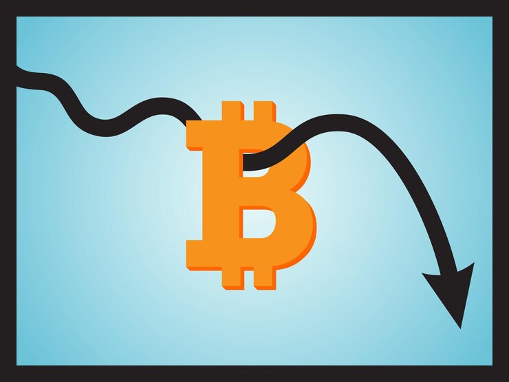 Flecha de línea de tendencia bajista rompiendo el signo de bitcoin en el diseño de icono plano de vector de fondo de color azul