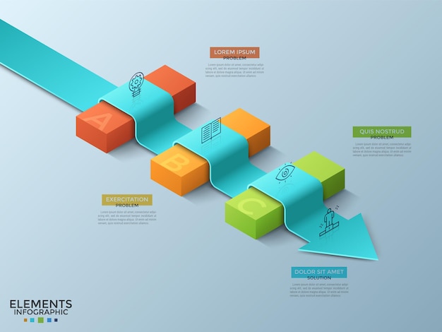 Flecha a lo largo de 3 bloques isométricos de colores, iconos de líneas finas y cuadros de texto. Concepto de resolución de problemas empresariales, superación de obstáculos. Plantilla de diseño de infografía moderna. Ilustración vectorial.