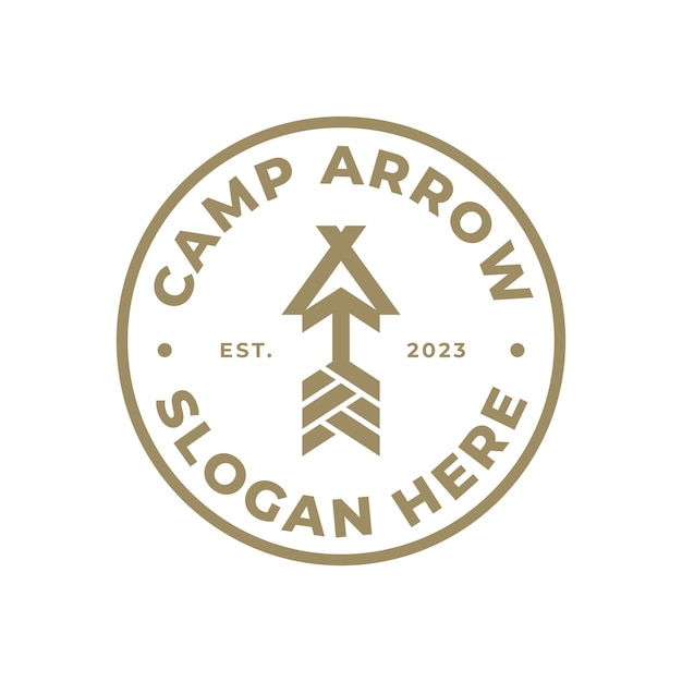 Flecha con logotipo de símbolo de tienda. Diseño de la insignia del emblema del campamento Scout. Ilustración vectorial