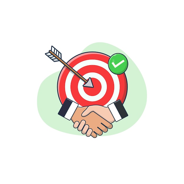 Flecha de meta con signo aprobado e ilustración vectorial de apretón de manos Diseño conceptual de asociación empresarial