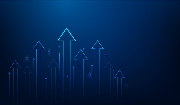 Flecha de negocio hacia arriba tecnología de circuito de línea de crecimiento sobre fondo azul oscuro. inversión de las empresas.