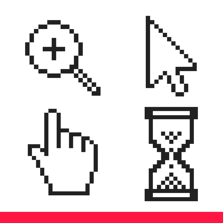 Vector flecha negra y blanca mano y lupa mouse cursor iconos ilustración vectorial conjunto estilo plano