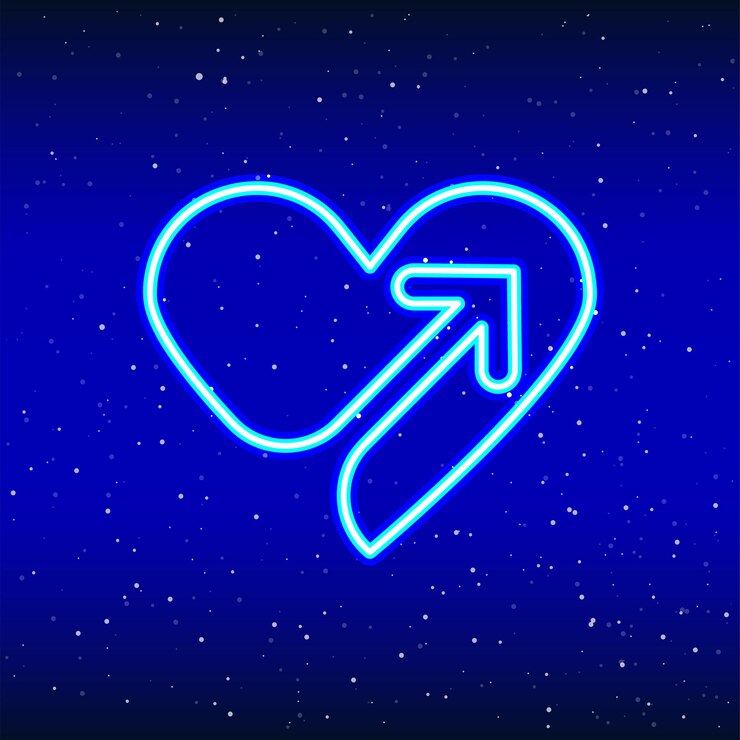 Vector flecha de neón entrando en el corazón letrero de neón del planeta retroiluminado letrero de corazón de neón rojo retro