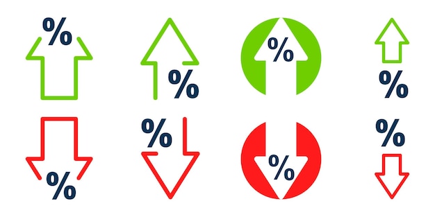 Vector flecha de porcentaje hacia arriba y hacia abajo conjunto de iconos vectoriales. flechas de porcentaje. crecimiento y disminución.