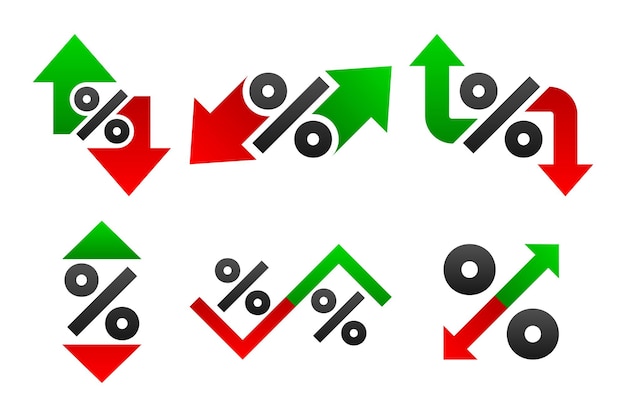 Vector flecha de porcentaje con colección de signos de porcentaje iconos de flecha hacia arriba y hacia abajo de porcentaje para crédito bancario