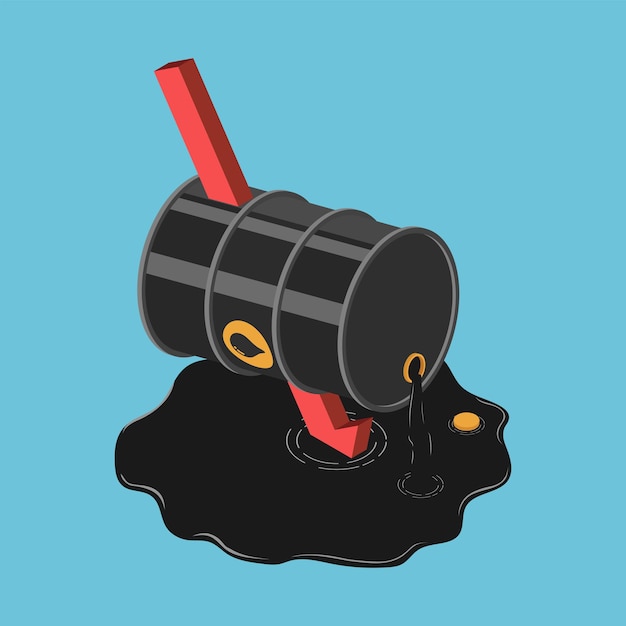 Flecha roja caída isométrica 3d plana que atraviesa el barril de petróleo. Concepto de crisis de precios del petróleo.
