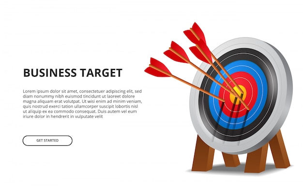 Flecha de tiro con arco exitosa en el tablero de destino 3d. logro del objetivo empresarial