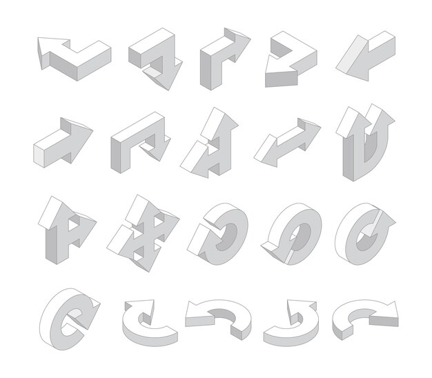 Flechas 3D. Conjunto de flechas de dirección varias blancas isométricas. Ilustración de flecha isométrica, colección de interfaz de dirección