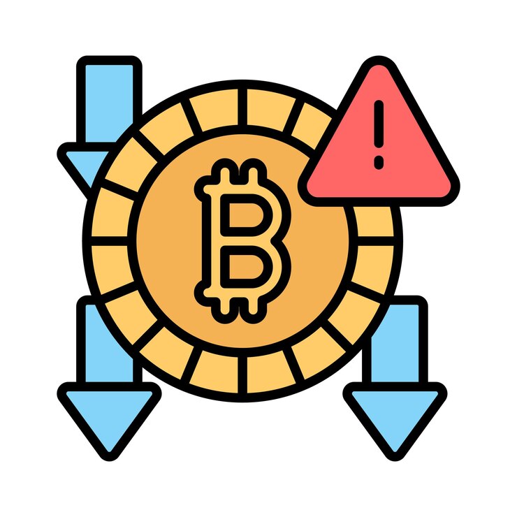 Vector flechas hacia abajo y señal de advertencia con bitcoin que muestra el vector de concepto de fraude de bitcoin