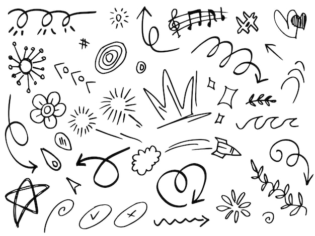 Flechas abstractas cintas corazones estrellas coronas y otros elementos en un estilo dibujado a mano para diseños conceptuales Ilustración de garabatos Ilustración vectorial