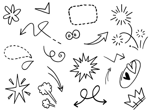 Flechas abstractas cintas corazones estrellas coronas y otros elementos en un estilo dibujado a mano para diseños conceptuales Ilustración de garabatos Ilustración vectorial