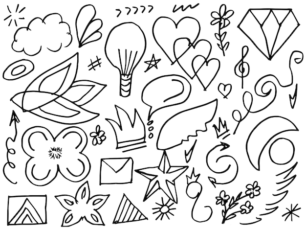 Flechas abstractas cintas corazones estrellas coronas y otros elementos en un estilo dibujado a mano para diseños conceptuales Ilustración de garabatos Ilustración vectorial