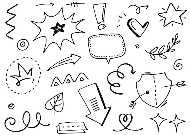 Flechas abstractas, cintas, coronas, corazones, explosiones y otros elementos en estilo dibujado a mano para el diseño conceptual. Ilustración de fideos. Plantilla vectorial para decoración.