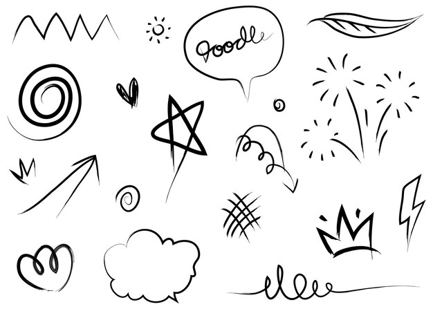 Flechas abstractas, cintas, coronas, corazones, explosiones y otros elementos en estilo dibujado a mano para el diseño conceptual. Ilustración de fideos. Plantilla vectorial para decoración.