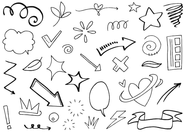 Flechas abstractas, cintas, coronas, corazones, explosiones y otros elementos en estilo dibujado a mano para el diseño conceptual. Ilustración de fideos. Plantilla vectorial para decoración.