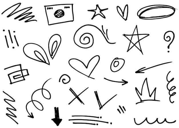 Flechas abstractas, cintas, coronas, corazones, explosiones y otros elementos en estilo dibujado a mano para el diseño conceptual. Ilustración de fideos. Plantilla vectorial para decoración.