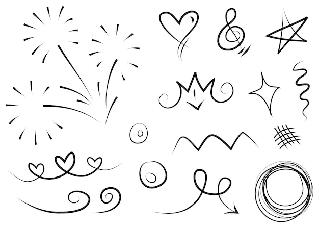Flechas abstractas, cintas, coronas, corazones, explosiones y otros elementos en estilo dibujado a mano para el diseño conceptual. Ilustración de fideos. Plantilla vectorial para decoración.
