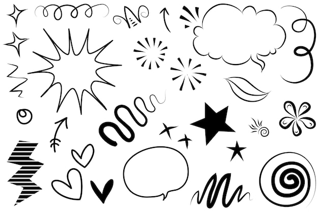 Flechas abstractas, cintas, coronas, corazones, explosiones y otros elementos en estilo dibujado a mano para el diseño conceptual. Ilustración de fideos. Plantilla vectorial para decoración.