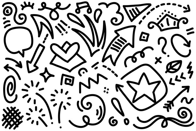 Flechas abstractas, cintas, coronas, corazones, explosiones y otros elementos en estilo dibujado a mano para el diseño conceptual. Ilustración de fideos. Plantilla vectorial para decoración.