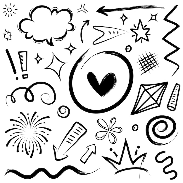 Flechas abstractas, cintas, coronas, corazones, explosiones y otros elementos en estilo dibujado a mano para el diseño conceptual. Ilustración de fideos. Plantilla vectorial para decoración.