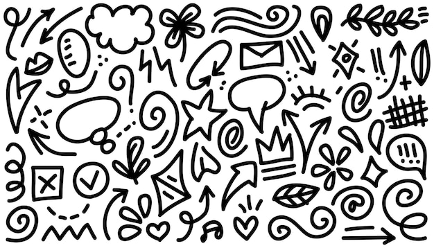 Flechas abstractas, cintas, coronas, corazones, explosiones y otros elementos en estilo dibujado a mano para el diseño conceptual. Ilustración de fideos. Plantilla vectorial para decoración.