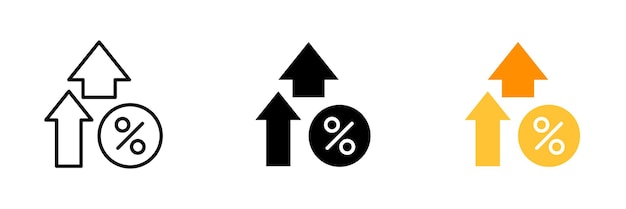 Flechas hacia arriba con signo de porcentaje Crecimiento de la tienda de acciones aumento en el precio comercio bolsa de valores moneda gasto de dinero Icono de conjunto de vectores en estilos negros y coloridos de línea aislados en fondo blanco