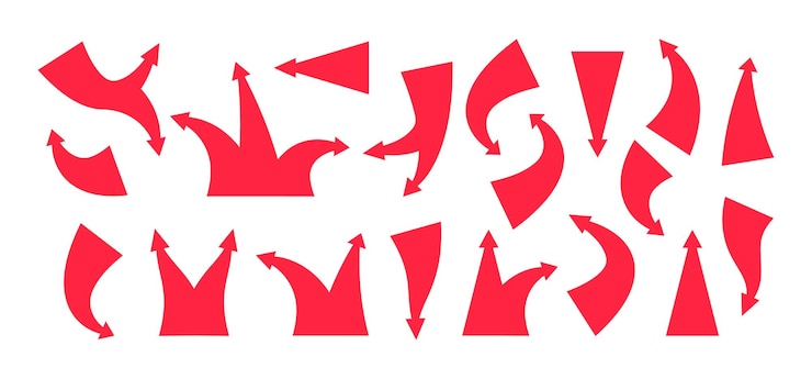Vector flechas de ataque rojas iconos de puntero de dibujos animados para el diseño infográfico del mapa plano simple adelante hacia atrás elementos tácticos del cursor conjunto aislado vectorial
