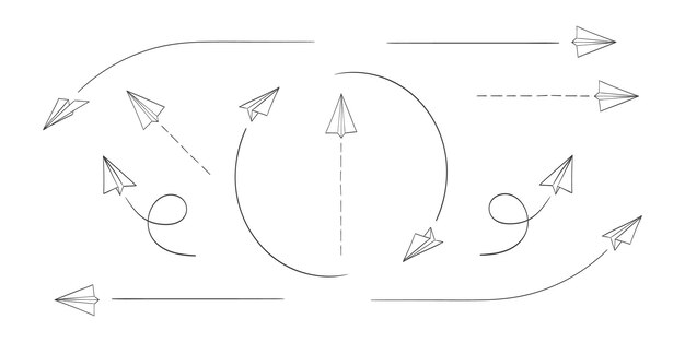 Flechas avión de papel Iconos de avión de papel Doodle Iconos de avión de papel dibujados a mano Ilustración vectorial