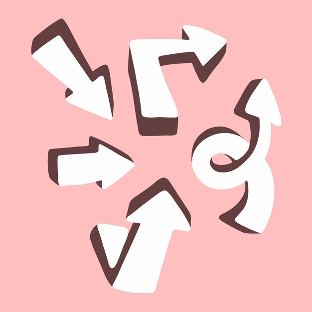 Flechas blancas 3D Establecer símbolo de icono de colección sobre fondo rosa Ilustración vectorial plana