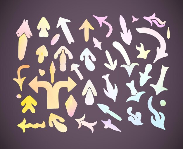 Flechas de boceto de garabato dibujado a mano en colores pastel Conjunto de flechas hechas a mano Elementos de diseño de flecha vectorial de moda en colores pastel