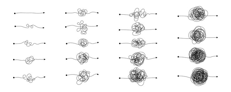 Vector flechas caóticas dibujadas a mano con garabates enredados conjunto de líneas de boceto desordenadas que muestran