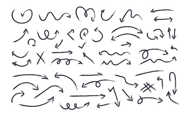 Flechas de carbón y flechas curvas dibujadas a mano alzada diferentes líneas dibujo de marcador de estilo doodle