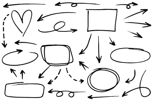 Flechas de círculo y conjunto de diseño de vector de escritura de garabato abstracto