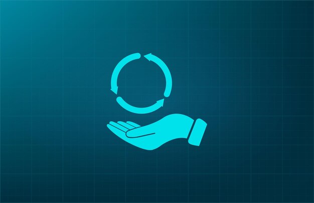 Flechas en un círculo en la mano símbolo de reciclaje ilustración vectorial en un fondo azul Eps 10