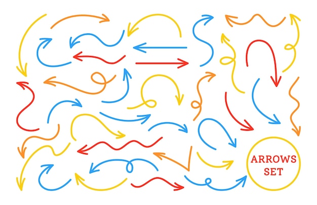 Flechas de color rojo brillante, azul, amarillo conjunto de líneas de infografía. varias flechas curvo, arqueado artístico irregular formas cursor